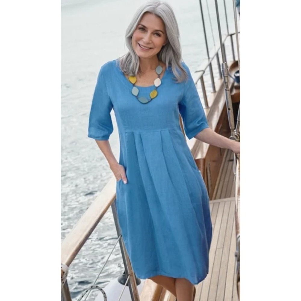 Woolovers Dress Linen Short Sleeves Blue Size 18 Lagenlook Beach Pockets